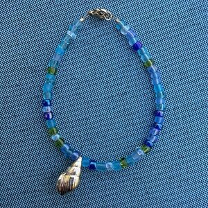Blue and Green Beaded Bracelet with Silver Pendant